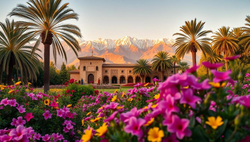 A vibrant landscape in Morocco during the spring season. In the foreground, a lush, blooming garden filled with vibrant flowers in shades of pink, purple, and yellow. In the middle ground, a traditional Moroccan building with ornate architecture and colorful tiles, framed by swaying palm trees. In the background, the majestic Atlas Mountains rise up, their snow-capped peaks glimmering in the warm, golden sunlight. The scene is bathed in a soft, diffused light, creating a dreamy, romantic atmosphere. MyVisitMorocco.