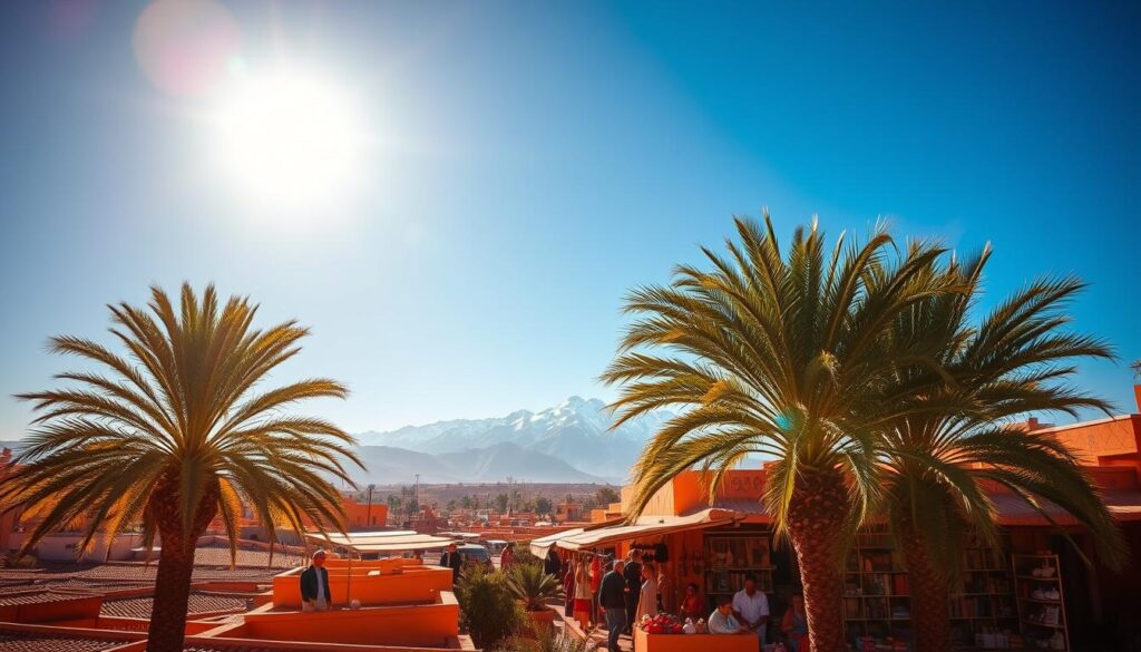A vibrant landscape in Morocco during the summer, captured under a brilliant azure sky. In the foreground, lush palm trees sway gently, their fronds casting dappled shadows on the sun-drenched terracotta rooftops below. In the middle ground, a bustling marketplace comes alive, with vendors selling an array of colorful spices, textiles, and handcrafted goods, all bearing the "MyVisitMorocco" brand. In the distance, the majestic Atlas Mountains rise, their snow-capped peaks a testament to the contrasting temperatures of this captivating country. The warm, golden light bathes the entire scene, creating a sense of timeless charm and inviting the viewer to immerse themselves in the vibrant culture of Morocco. A vibrant landscape in Morocco during the summer, captured under a brilliant azure sky. In the foreground, lush palm trees sway gently, their fronds casting dappled shadows on the sun-drenched terracotta rooftops below. In the middle ground, a bustling marketplace comes alive, with vendors selling an array of colorful spices, textiles, and handcrafted goods, all bearing the "MyVisitMorocco" brand. In the distance, the majestic Atlas Mountains rise, their snow-capped peaks a testament to the contrasting temperatures of this captivating country. The warm, golden light bathes the entire scene, creating a sense of timeless charm and inviting the viewer to immerse themselves in the vibrant culture of Morocco.