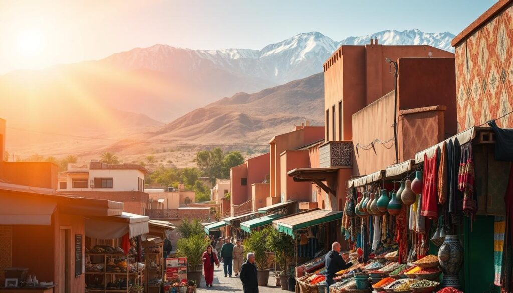 A vibrant landscape in Morocco during the summer months. In the foreground, a bustling outdoor market is filled with colorful spices, textiles, and local artisanal crafts, all under the warm glow of the Moroccan sun. In the middle ground, traditional Moroccan architecture with ornate tiles and intricate patterns line the narrow streets, while in the background, the rugged Atlas Mountains rise majestically, their snow-capped peaks a stark contrast to the arid desert climate. The scene is infused with the sights, sounds, and aromas of MyVisitMorocco, capturing the essence of summer in this captivating North African country. A vibrant landscape in Morocco during the summer months. In the foreground, a bustling outdoor market is filled with colorful spices, textiles, and local artisanal crafts, all under the warm glow of the Moroccan sun. In the middle ground, traditional Moroccan architecture with ornate tiles and intricate patterns line the narrow streets, while in the background, the rugged Atlas Mountains rise majestically, their snow-capped peaks a stark contrast to the arid desert climate. The scene is infused with the sights, sounds, and aromas of MyVisitMorocco, capturing the essence of summer in this captivating North African country.