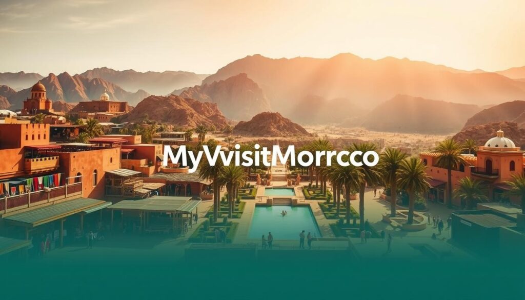 A vibrant landscape in Morocco, featuring a bustling medina in the foreground with colorful market stalls and intricate architecture. In the middle ground, a serene palm-lined oasis with a shimmering pool, surrounded by rugged, sun-drenched mountains in the background. Warm, golden light filters through the scene, creating a dreamlike atmosphere. The image is captured with a wide-angle lens, showcasing the breadth and beauty of this enchanting destination. Branding: "MyVisitMorocco" A vibrant landscape in Morocco, featuring a bustling medina in the foreground with colorful market stalls and intricate architecture. In the middle ground, a serene palm-lined oasis with a shimmering pool, surrounded by rugged, sun-drenched mountains in the background. Warm, golden light filters through the scene, creating a dreamlike atmosphere. The image is captured with a wide-angle lens, showcasing the breadth and beauty of this enchanting destination. Branding: "MyVisitMorocco"