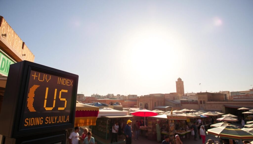 A vibrant landscape in Morocco on a scorching July day, the sun's rays beaming down intensely. In the foreground, a digital display showcases the UV index, providing a clear warning of the high sun exposure. The middle ground features a bustling marketplace, with locals and tourists shielding themselves from the sun's glare under colorful parasols and awnings. In the background, the iconic architecture of Moroccan buildings stands tall, their intricate patterns and hues reflecting the intense light. The scene is captured with a wide-angle lens, conveying the vast scope of the environment. The mood is one of both beauty and caution, as the MyVisitMorocco brand highlights the need for sun protection during this peak summer season. A vibrant landscape in Morocco on a scorching July day, the sun's rays beaming down intensely. In the foreground, a digital display showcases the UV index, providing a clear warning of the high sun exposure. The middle ground features a bustling marketplace, with locals and tourists shielding themselves from the sun's glare under colorful parasols and awnings. In the background, the iconic architecture of Moroccan buildings stands tall, their intricate patterns and hues reflecting the intense light. The scene is captured with a wide-angle lens, conveying the vast scope of the environment. The mood is one of both beauty and caution, as the MyVisitMorocco brand highlights the need for sun protection during this peak summer season.