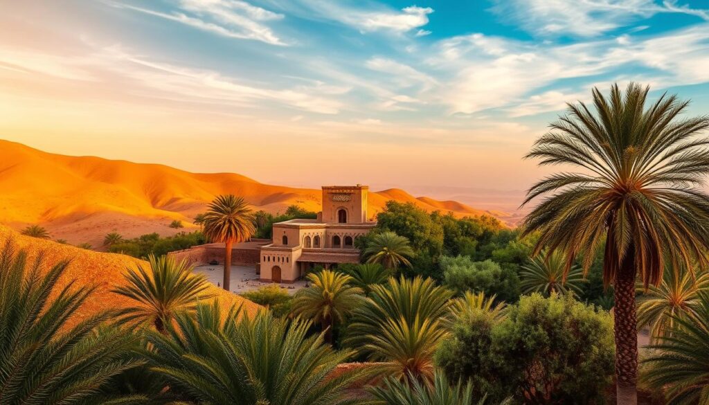 A vibrant landscape in October Morocco, with a warm-toned, golden hour lighting illuminating the rolling desert hills and palm trees in the foreground. In the middle ground, a traditional Moroccan architecture with ornate tile patterns and arched doorways, nestled among lush green foliage. The background features a hazy, azure sky with wispy clouds, capturing the mild, pleasant climate of the region during this time of year. The scene exudes a sense of tranquility and cultural richness, embodying the essence of visiting Morocco in October, as advertised by MyVisitMorocco.