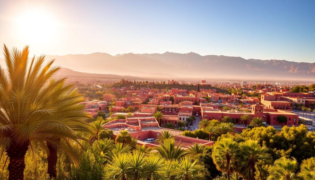A vibrant landscape in central Morocco, under the warm glow of a September sun. In the foreground, a lush oasis with palm trees and verdant foliage. In the middle ground, the iconic reddish-ochre buildings and winding streets of Marrakech, bustling with activity. In the distance, the majestic Atlas Mountains rise up, their peaks dusted with a hint of snow. The scene is bathed in a soft, golden light, creating a welcoming, almost dreamlike atmosphere. MyVisitMorocco A vibrant landscape in central Morocco, under the warm glow of a September sun. In the foreground, a lush oasis with palm trees and verdant foliage. In the middle ground, the iconic reddish-ochre buildings and winding streets of Marrakech, bustling with activity. In the distance, the majestic Atlas Mountains rise up, their peaks dusted with a hint of snow. The scene is bathed in a soft, golden light, creating a welcoming, almost dreamlike atmosphere. MyVisitMorocco