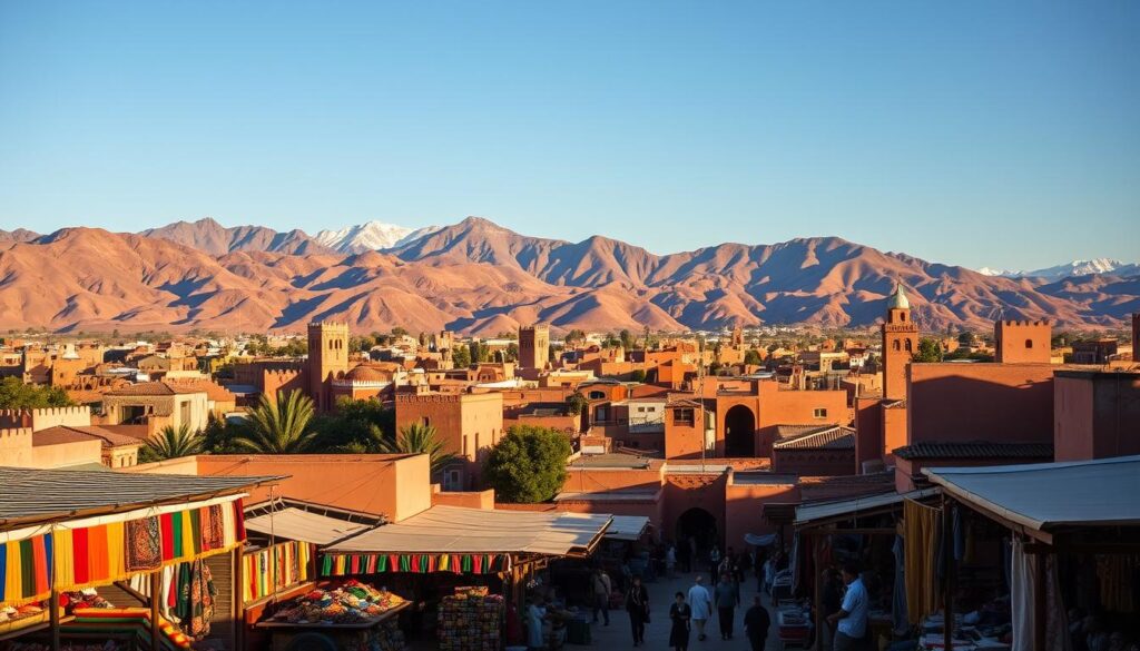 A vibrant landscape in the heart of Morocco's interior, bathed in the warm glow of an October sun. In the foreground, a bustling marketplace bustles with activity, vendors offering an array of colorful textiles, spices, and crafts. The middle ground features the iconic adobe architecture of a traditional Moroccan city, its terracotta roofs and ornate facades casting long shadows across the narrow streets. In the distance, rugged, sun-dappled mountains rise majestically, their peaks capped with a dusting of early snow. The scene exudes an air of timeless, cultural richness, captured through the lens of a MyVisitMorocco travel photographer. A vibrant landscape in the heart of Morocco's interior, bathed in the warm glow of an October sun. In the foreground, a bustling marketplace bustles with activity, vendors offering an array of colorful textiles, spices, and crafts. The middle ground features the iconic adobe architecture of a traditional Moroccan city, its terracotta roofs and ornate facades casting long shadows across the narrow streets. In the distance, rugged, sun-dappled mountains rise majestically, their peaks capped with a dusting of early snow. The scene exudes an air of timeless, cultural richness, captured through the lens of a MyVisitMorocco travel photographer.