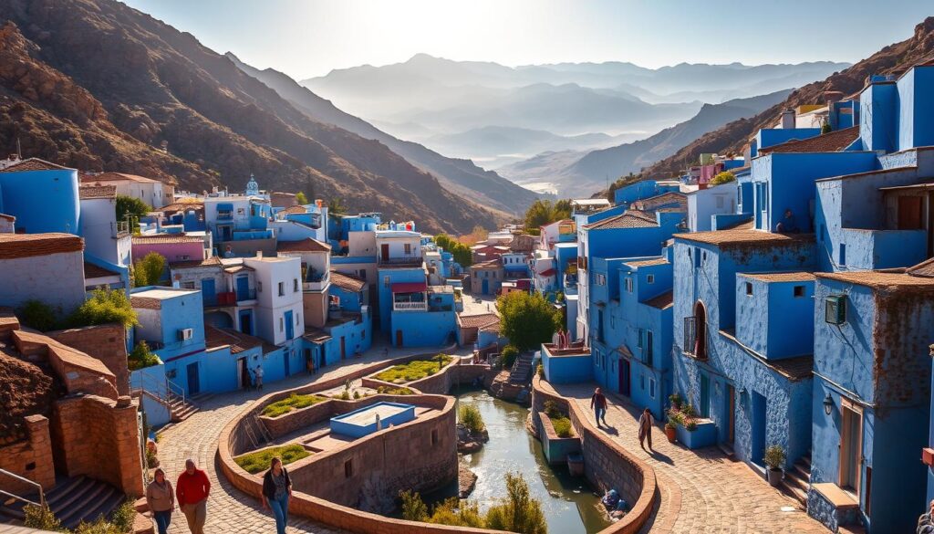 A vibrant landscape of Chefchaouen, the "Blue Pearl" of Morocco, nestled between rugged mountains. Rows of picturesque blue-painted buildings line the winding streets, their hues reflecting in the tranquil streams that meander through the town. Sunlight bathes the scene in a warm, golden glow, casting soft shadows and highlighting the intricate architectural details. In the foreground, local residents and visitors stroll leisurely, immersed in the town's captivating atmosphere. In the background, the iconic Rif Mountains rise majestically, completing the breathtaking panorama. MyVisitMorocco A vibrant landscape of Chefchaouen, the "Blue Pearl" of Morocco, nestled between rugged mountains. Rows of picturesque blue-painted buildings line the winding streets, their hues reflecting in the tranquil streams that meander through the town. Sunlight bathes the scene in a warm, golden glow, casting soft shadows and highlighting the intricate architectural details. In the foreground, local residents and visitors stroll leisurely, immersed in the town's captivating atmosphere. In the background, the iconic Rif Mountains rise majestically, completing the breathtaking panorama. MyVisitMorocco