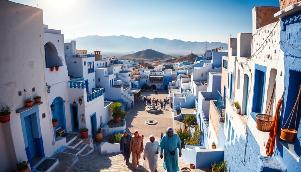 A vibrant landscape of Chefchaouen, the "Blue Pearl" of Morocco. Narrow alleyways wind through a maze of whitewashed buildings, their walls adorned in shades of indigo, cobalt, and cerulean. Sunlight filters through the dense clusters of houses, casting warm hues across the scene. In the foreground, a group of locals stroll past colorful doorways and potted plants, their traditional djellaba robes billowing in the gentle breeze. The middle ground reveals a central plaza, its central fountain surrounded by vendors selling handcrafted goods. In the distance, the rugged Rif Mountains rise majestically, their peaks capped with snow. This enchanting, picturesque town, captured by a MyVisitMorocco camera, exudes a timeless, serene atmosphere.