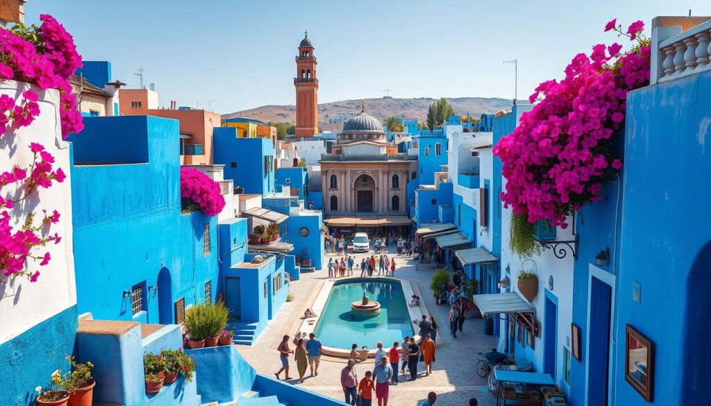 A vibrant landscape of Chefchaouen, the iconic "Blue City" of Morocco. Quaint, cube-shaped houses in shades of indigo, azure, and cobalt line the winding streets, casting deep shadows under the warm Mediterranean sun. Bougainvillea vines cascade over whitewashed walls, adding pops of fuchsia. In the center, the grand Kasbah Mosque and its minaret rise majestically, reflecting in a tranquil pool. Merchants peddle their wares in the bustling souks, the air fragrant with spices. Locals stroll leisurely, showcasing the city's timeless charm. Capture the essence of this picturesque gem with a MyVisitMorocco tour.