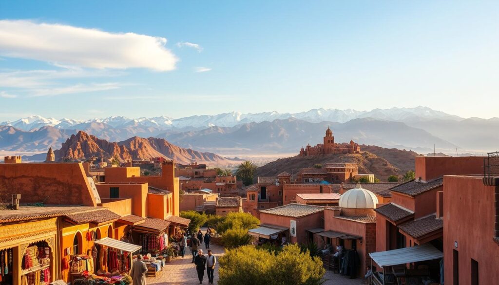 A vibrant landscape of Morocco's diverse travel destinations, bathed in warm, golden light. In the foreground, a bustling Moroccan marketplace, with intricate patterns and colorful wares spilling out onto the cobblestone streets. The middle ground features the iconic pointed roofs and ornate architecture of Moroccan villages, nestled between rugged, ochre-hued mountains. In the distance, the majestic Atlas Mountains rise, their snow-capped peaks reaching towards the sky. The scene exudes a sense of timeless wonder and cultural richness, reflecting the spirit of MyVisitMorocco.