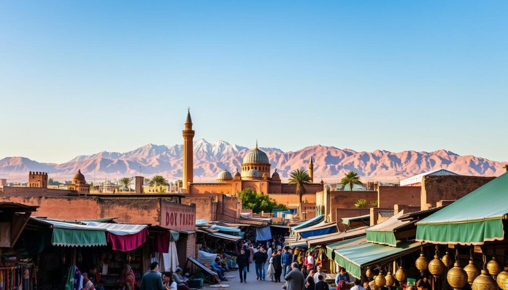 A vibrant landscape of Morocco's diverse wonders, showcasing the captivating interplay of ancient architecture, vibrant markets, and rugged desert vistas. In the foreground, a bustling souk overflows with the rich colors and textures of handcrafted textiles, spices, and intricate metalwork. In the middle ground, the iconic domed roofs and ornate minarets of a historic mosque stand tall, bathed in warm, golden light. Beyond, the majestic Atlas Mountains rise majestically, their snow-capped peaks piercing the clear azure sky. The scene evokes a sense of timeless, enchanting exploration, inviting the viewer to immerse themselves in the rich cultural tapestry of MyVisitMorocco.