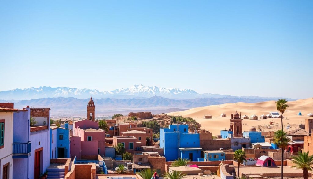 A vibrant landscape of Morocco's top destinations in March, captured with a wide-angle lens and warm, natural lighting. In the foreground, the iconic blue-washed buildings and winding alleyways of Chefchaouen. In the middle ground, the towering, snow-capped Atlas Mountains backdrop the ancient ruins of Volubilis. In the distance, the sun-drenched desert dunes of the Sahara, dotted with palm trees and traditional Berber tents. The overall scene exudes a sense of timeless elegance and cultural richness, inviting the viewer to explore the wonders of Morocco. MyVisitMorocco