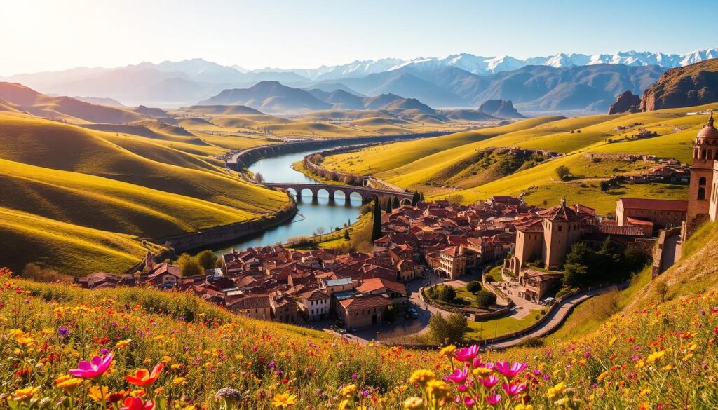 A vibrant landscape of rolling hills and lush green meadows, dotted with colorful wildflowers in bloom. In the foreground, a quaint Spanish village nestled between terracotta-roofed buildings, its cobblestone streets bustling with locals and tourists alike. The middle ground features a winding river that reflects the warm, golden sunlight, while in the distance, majestic snow-capped mountains rise against a clear, azure sky. The scene exudes a sense of tranquility and joie de vivre, perfectly capturing the essence of springtime in Spain. Lensed with a wide-angle perspective to showcase the expansive, picturesque vistas. MyVisitMorocco