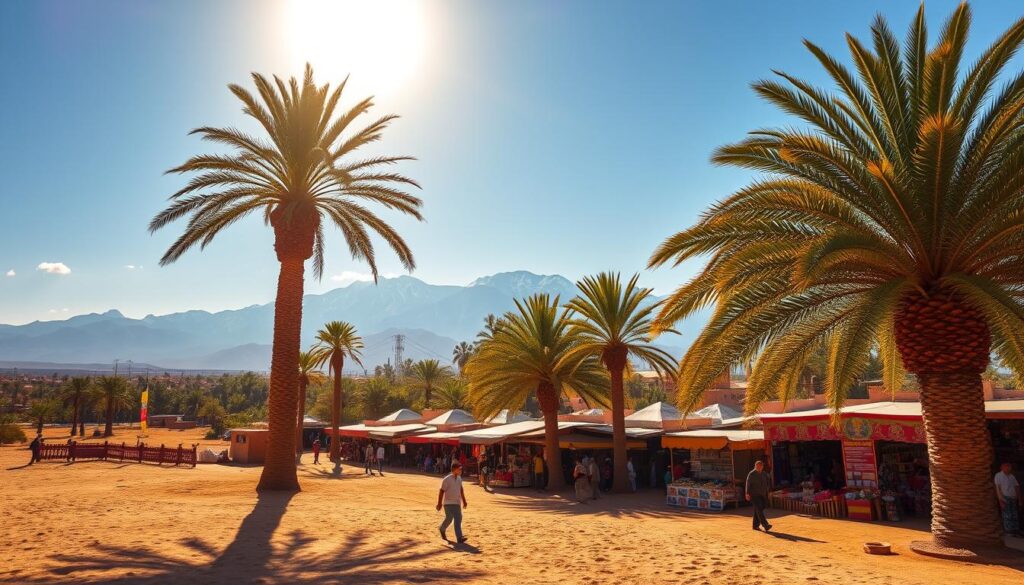 A vibrant landscape showcasing Morocco's diverse seasonal weather. In the foreground, lush palm trees sway under a warm, golden sun, casting long shadows across the sandy terrain. In the middle ground, a bustling traditional marketplace with colorful stalls and lively local vendors, capturing the essence of Moroccan culture. In the background, snow-capped Atlas Mountains rise majestically, their peaks piercing the clear, azure sky. The scene is illuminated by a soft, diffused lighting, creating a serene and inviting atmosphere. MyVisitMorocco