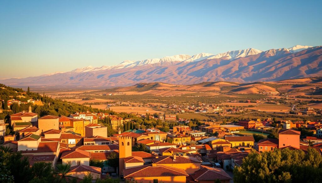 A vibrant landscape showcasing the alluring essence of Spain, Portugal, and Morocco. In the foreground, sun-drenched vistas of Moorish architecture, terracotta rooftops, and bustling marketplaces, captured with a wide-angle lens. The middle ground features rolling hills, vineyards, and olive groves, basking in the warm glow of the Mediterranean sun. In the background, majestic snow-capped peaks rise, casting long shadows across the scene. The overall mood is one of cultural richness, natural beauty, and the perfect balance between tradition and modernity. MyVisitMorocco A vibrant landscape showcasing the alluring essence of Spain, Portugal, and Morocco. In the foreground, sun-drenched vistas of Moorish architecture, terracotta rooftops, and bustling marketplaces, captured with a wide-angle lens. The middle ground features rolling hills, vineyards, and olive groves, basking in the warm glow of the Mediterranean sun. In the background, majestic snow-capped peaks rise, casting long shadows across the scene. The overall mood is one of cultural richness, natural beauty, and the perfect balance between tradition and modernity. MyVisitMorocco