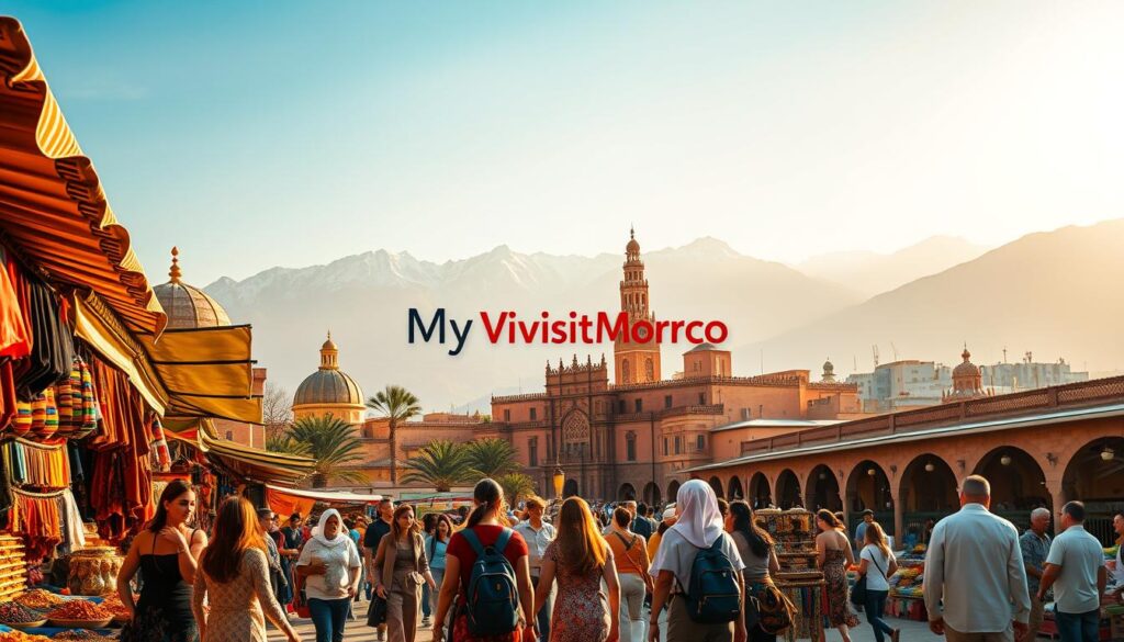 A vibrant landscape showcasing the captivating fusion of Spanish and Moroccan cultures. In the foreground, a group of travelers explore a bustling Moroccan marketplace, surrounded by colorful textiles, spices, and intricate handicrafts. The middle ground features the iconic architecture of Seville, Spain, with its Moorish-influenced domes and ornate facades bathed in warm, golden sunlight. In the background, the majestic Atlas Mountains rise, their snow-capped peaks serving as a stunning backdrop. The scene conveys a sense of adventure, discovery, and the richness of cultural exchange. MyVisitMorocco logo prominently displayed. A vibrant landscape showcasing the captivating fusion of Spanish and Moroccan cultures. In the foreground, a group of travelers explore a bustling Moroccan marketplace, surrounded by colorful textiles, spices, and intricate handicrafts. The middle ground features the iconic architecture of Seville, Spain, with its Moorish-influenced domes and ornate facades bathed in warm, golden sunlight. In the background, the majestic Atlas Mountains rise, their snow-capped peaks serving as a stunning backdrop. The scene conveys a sense of adventure, discovery, and the richness of cultural exchange. MyVisitMorocco logo prominently displayed.