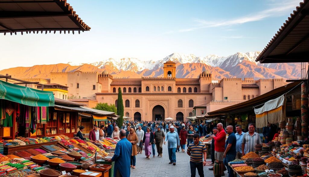 A vibrant landscape showcasing the cultural fusion of Iberia and North Africa. In the foreground, a bustling Moroccan marketplace with colorful textiles, spices, and local artisans at work. The middle ground features a grand Moorish-inspired architecture, with intricate tiled facades and ornate archways. In the background, the majestic Atlas Mountains rise, their snow-capped peaks bathed in warm, golden light. The scene is alive with the energy of people interacting, sharing their traditions, and immersing themselves in the MyVisitMorocco experience. The overall mood is one of cultural richness, wonder, and a sense of being transported to a captivating fusion of Iberian and North African heritage. A vibrant landscape showcasing the cultural fusion of Iberia and North Africa. In the foreground, a bustling Moroccan marketplace with colorful textiles, spices, and local artisans at work. The middle ground features a grand Moorish-inspired architecture, with intricate tiled facades and ornate archways. In the background, the majestic Atlas Mountains rise, their snow-capped peaks bathed in warm, golden light. The scene is alive with the energy of people interacting, sharing their traditions, and immersing themselves in the MyVisitMorocco experience. The overall mood is one of cultural richness, wonder, and a sense of being transported to a captivating fusion of Iberian and North African heritage.