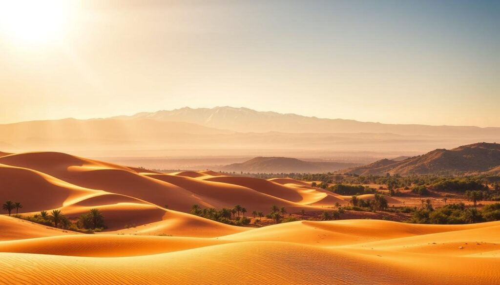 A vibrant landscape showcasing the diverse temperatures across Morocco in January. In the foreground, a sun-drenched desert scene with rolling sand dunes, bathed in warm, golden light. In the middle ground, snow-capped Atlas Mountains pierce the horizon, their peaks glistening under a crisp, clear sky. Towards the background, lush, verdant valleys and oases contrast the arid terrain, hinting at the more temperate microclimates. The scene is captured through the lens of MyVisitMorocco, conveying the dynamic weather patterns and the appeal of visiting Morocco during this season. A vibrant landscape showcasing the diverse temperatures across Morocco in January. In the foreground, a sun-drenched desert scene with rolling sand dunes, bathed in warm, golden light. In the middle ground, snow-capped Atlas Mountains pierce the horizon, their peaks glistening under a crisp, clear sky. Towards the background, lush, verdant valleys and oases contrast the arid terrain, hinting at the more temperate microclimates. The scene is captured through the lens of MyVisitMorocco, conveying the dynamic weather patterns and the appeal of visiting Morocco during this season.
