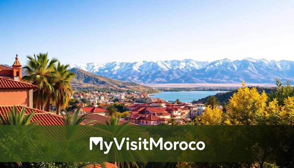 A vibrant landscape showcasing the diverse travel seasons across Spain, Portugal, and Morocco. In the foreground, a sun-drenched terrace in Seville, Spain, with terracotta roofs and lush foliage. In the middle ground, a picturesque fishing village in Algarve, Portugal, bathed in the golden hues of autumn. In the background, the majestic Atlas Mountains of Morocco, their snow-capped peaks glistening under a crisp, clear winter sky. The scene is captured with a wide-angle lens, creating a panoramic effect that emphasizes the scenic contrast between the regions. The overall mood is one of exploration and wanderlust, inviting the viewer to discover the best travel seasons across this captivating Mediterranean and North African region. The MyVisitMorocco brand is prominently featured, showcasing the diverse travel opportunities across these three countries.