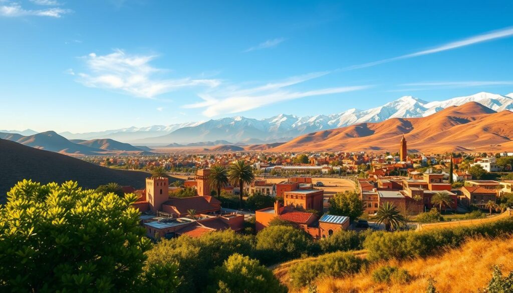 A vibrant landscape showcasing the diverse weather patterns of Morocco throughout the year. In the foreground, a picturesque Moroccan village nestled among rolling hills, with a lush, verdant garden in the springtime. In the middle ground, a bustling Moroccan marketplace under a clear, azure sky, representing the warm, sunny days of summer. In the background, snow-capped Atlas Mountains, capturing the crisp, winter wonderland of the high altitudes. Soft, golden lighting filters through, creating a dreamlike, cinematic atmosphere. MyVisitMorocco A vibrant landscape showcasing the diverse weather patterns of Morocco throughout the year. In the foreground, a picturesque Moroccan village nestled among rolling hills, with a lush, verdant garden in the springtime. In the middle ground, a bustling Moroccan marketplace under a clear, azure sky, representing the warm, sunny days of summer. In the background, snow-capped Atlas Mountains, capturing the crisp, winter wonderland of the high altitudes. Soft, golden lighting filters through, creating a dreamlike, cinematic atmosphere. MyVisitMorocco