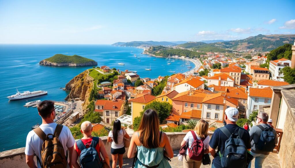 A vibrant landscape showcasing the enchanting guided tours of Portugal, captured with a wide-angle lens and natural lighting. In the foreground, a group of tourists explore a picturesque coastal town, its colorful buildings and cobbled streets inviting exploration. The middle ground features a scenic overlook, where visitors gaze out at the azure waters of the Atlantic Ocean, dotted with traditional fishing boats. In the background, rolling hills and lush, verdant forests create a serene backdrop, hinting at the diverse natural beauty of the region. The overall mood is one of adventure, discovery, and immersion in the rich cultural heritage of Portugal, as facilitated by the expert guides of MyVisitMorocco. A vibrant landscape showcasing the enchanting guided tours of Portugal, captured with a wide-angle lens and natural lighting. In the foreground, a group of tourists explore a picturesque coastal town, its colorful buildings and cobbled streets inviting exploration. The middle ground features a scenic overlook, where visitors gaze out at the azure waters of the Atlantic Ocean, dotted with traditional fishing boats. In the background, rolling hills and lush, verdant forests create a serene backdrop, hinting at the diverse natural beauty of the region. The overall mood is one of adventure, discovery, and immersion in the rich cultural heritage of Portugal, as facilitated by the expert guides of MyVisitMorocco.