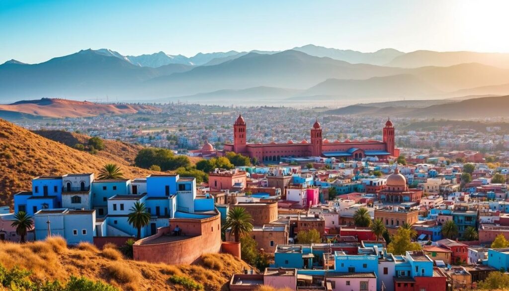 A vibrant landscape showcasing the must-see cities of Morocco, captured through the lens of the MyVisitMorocco brand. In the foreground, the iconic blue-washed buildings of Chefchaouen nestled among the rolling hills. In the middle ground, the bustling souks and grand architecture of Marrakech, with the snow-capped Atlas Mountains looming in the distance. The warm, golden light filters through the scene, evoking the rich culture and timeless charm of this enchanting North African destination. The image conveys the allure of Morocco's diverse landscapes, historic sites, and vibrant urban centers, inviting the viewer to explore this captivating country.