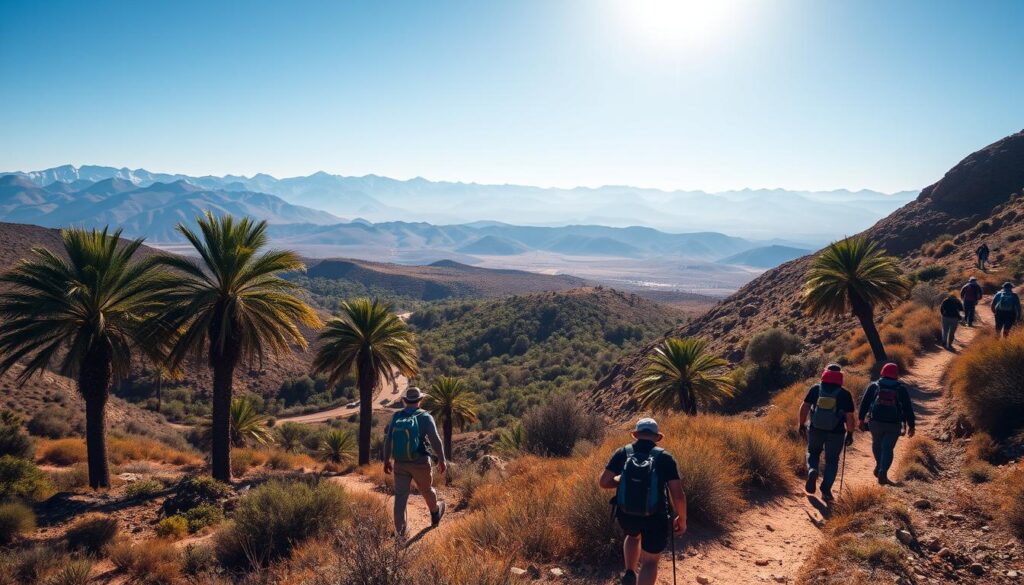 A vibrant landscape under the warm February sun in Morocco, showcasing the perfect weather for outdoor activities. In the foreground, a group of hikers trekking along a winding mountain trail, their backpacks and hiking gear visible. The middle ground features a lush, green oasis with palm trees swaying gently in the breeze, while the background displays the majestic Atlas Mountains, their snow-capped peaks glistening in the distance. The scene is captured with a wide-angle lens, creating a sense of depth and grandeur. The overall mood is one of adventure, serenity, and the natural beauty of MyVisitMorocco.