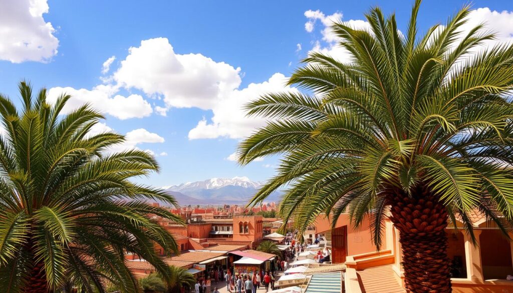 A vibrant landscape under the warm Moroccan sun, with a clear blue sky dotted with fluffy white clouds. In the foreground, lush green palm trees sway gently in the spring breeze, their fronds casting delicate shadows on the terracotta rooftops below. In the middle ground, a bustling medina scene unfolds, with locals and tourists alike navigating the winding streets lined with colorful market stalls and traditional architecture. In the distance, the snow-capped Atlas Mountains rise majestically, their peaks reflecting the golden light of the day. The overall scene exudes a sense of tranquility and cultural richness, inviting the viewer to experience the essence of Morocco in springtime. MyVisitMorocco.