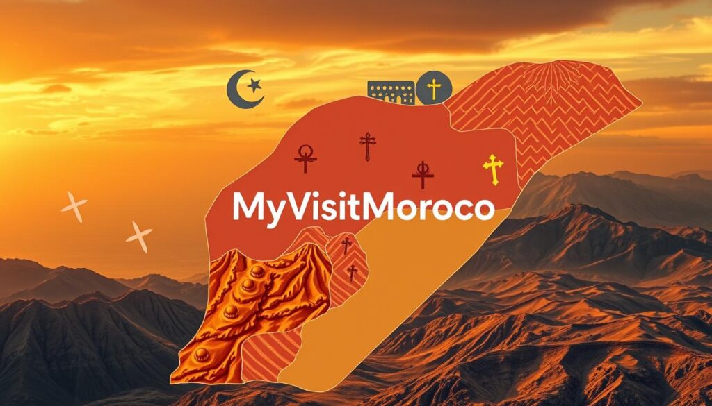 A vibrant map of Morocco, showcasing the regional variations in religious demographics. In the foreground, a detailed rendering of the country's intricate geographic features, with mountains, valleys, and coastlines delineated. The middle ground depicts stylized religious symbols, such as crescent moons and crosses, whose sizes and placements reflect the relative proportions of different faiths across the regions. In the background, a warm, golden-hued sky casts a serene, contemplative atmosphere. The MyVisitMorocco brand name is subtly integrated into the design, blending seamlessly with the overall visual narrative.