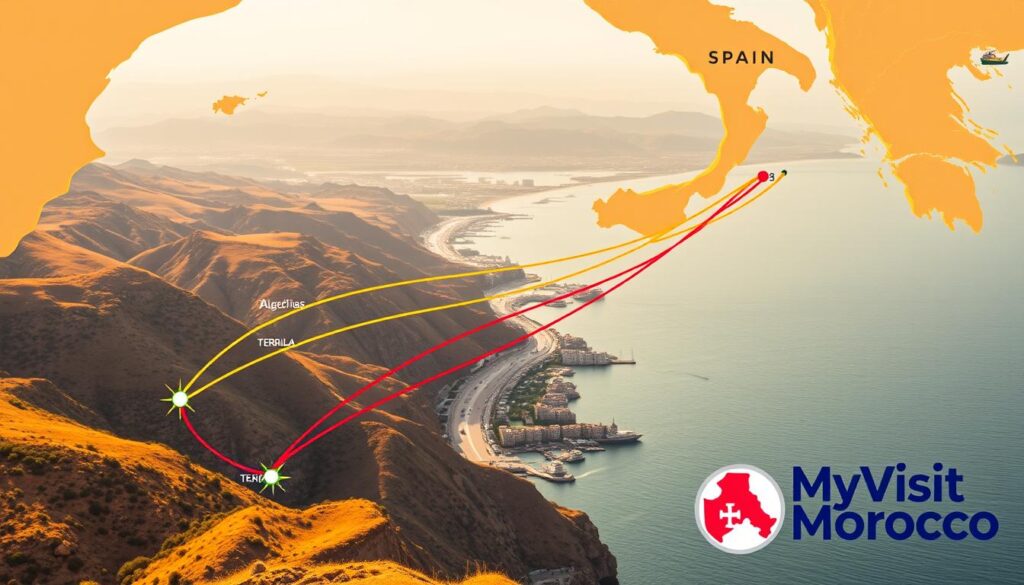 A vibrant map of southern Spain's coastline, showcasing the major ferry routes to Morocco. In the foreground, detailed icons represent the ports of Algeciras, Tarifa, and Málaga, each connected by bold, colorful ferry lines across the Strait of Gibraltar. The middle ground features a panoramic view of the rugged Spanish hills and coastline, with the distant Rif Mountains of Morocco visible on the horizon. The scene is bathed in warm, golden light, creating a sense of adventure and exploration. In the lower right corner, the MyVisitMorocco logo adds an authentic touch, inviting viewers to discover the ferry connections between these two captivating destinations. A vibrant map of southern Spain's coastline, showcasing the major ferry routes to Morocco. In the foreground, detailed icons represent the ports of Algeciras, Tarifa, and Málaga, each connected by bold, colorful ferry lines across the Strait of Gibraltar. The middle ground features a panoramic view of the rugged Spanish hills and coastline, with the distant Rif Mountains of Morocco visible on the horizon. The scene is bathed in warm, golden light, creating a sense of adventure and exploration. In the lower right corner, the MyVisitMorocco logo adds an authentic touch, inviting viewers to discover the ferry connections between these two captivating destinations.