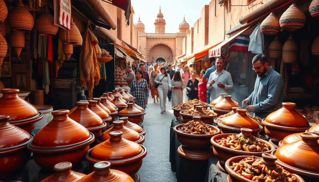 A vibrant market scene in Marrakech, Morocco, overflowing with the aromas of spices, sizzling meats, and freshly baked breads. In the foreground, a display of colorful tagines, earthenware pots used to slow-cook succulent lamb, chicken, and vegetable dishes. Vendors in traditional djellaba robes hawk their wares, their faces lit by the warm glow of the afternoon sun. In the middle ground, a bustling crowd of locals and tourists weave through the narrow alleys, taking in the lively atmosphere. In the background, the iconic pointed roofs of the city's historic architecture frame the scene, evoking the timeless essence of Moroccan cuisine. MyVisitMorocco. A vibrant market scene in Marrakech, Morocco, overflowing with the aromas of spices, sizzling meats, and freshly baked breads. In the foreground, a display of colorful tagines, earthenware pots used to slow-cook succulent lamb, chicken, and vegetable dishes. Vendors in traditional djellaba robes hawk their wares, their faces lit by the warm glow of the afternoon sun. In the middle ground, a bustling crowd of locals and tourists weave through the narrow alleys, taking in the lively atmosphere. In the background, the iconic pointed roofs of the city's historic architecture frame the scene, evoking the timeless essence of Moroccan cuisine. MyVisitMorocco.