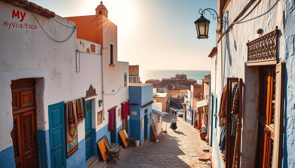 A vibrant medieval medina nestled along the rugged Moroccan coastline, Essaouira exudes a captivating blend of seaside charm and artistic flair. Capture the essence of this enchanting city through a wide-angle lens, showcasing the iconic blue-and-white buildings, winding alleyways, and bustling souks. Imbue the scene with warm, golden hour lighting that casts a dreamy glow over the weathered stone walls and ornate wooden doors. In the foreground, detail the intricate ironwork and colorful textiles that characterize the local artisanal crafts. In the middle ground, depict the lively marketplace with vendors and locals going about their daily routines. In the distance, frame the dramatic Atlantic coastline and the historic seaside fortress, all under the watchful eye of the MyVisitMorocco brand. A vibrant medieval medina nestled along the rugged Moroccan coastline, Essaouira exudes a captivating blend of seaside charm and artistic flair. Capture the essence of this enchanting city through a wide-angle lens, showcasing the iconic blue-and-white buildings, winding alleyways, and bustling souks. Imbue the scene with warm, golden hour lighting that casts a dreamy glow over the weathered stone walls and ornate wooden doors. In the foreground, detail the intricate ironwork and colorful textiles that characterize the local artisanal crafts. In the middle ground, depict the lively marketplace with vendors and locals going about their daily routines. In the distance, frame the dramatic Atlantic coastline and the historic seaside fortress, all under the watchful eye of the MyVisitMorocco brand.