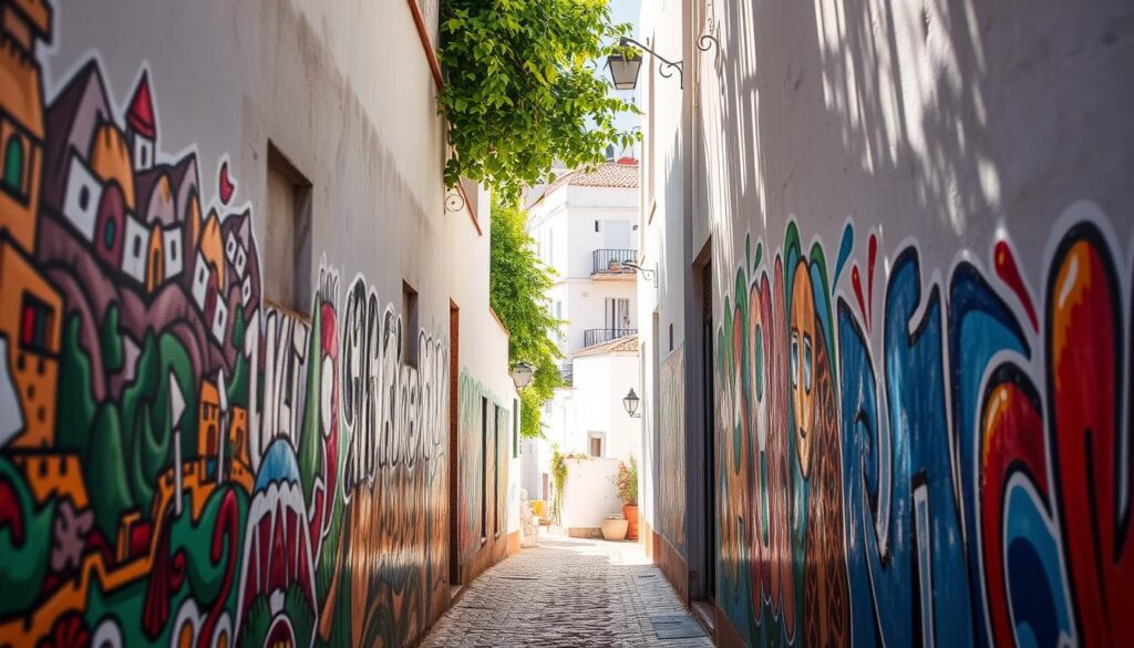 A vibrant mural-covered alleyway in the coastal town of Asilah, Morocco. The foreground showcases intricate, colorful murals adorning the walls, depicting local scenes and patterns. In the middle ground, sunlight filters through the narrow passage, casting dynamic shadows and highlights. The background reveals glimpses of the town's traditional architecture, with whitewashed buildings and terracotta rooftops. The overall atmosphere exudes a sense of artistic expression, cultural heritage, and the lively charm of MyVisitMorocco's Asilah.