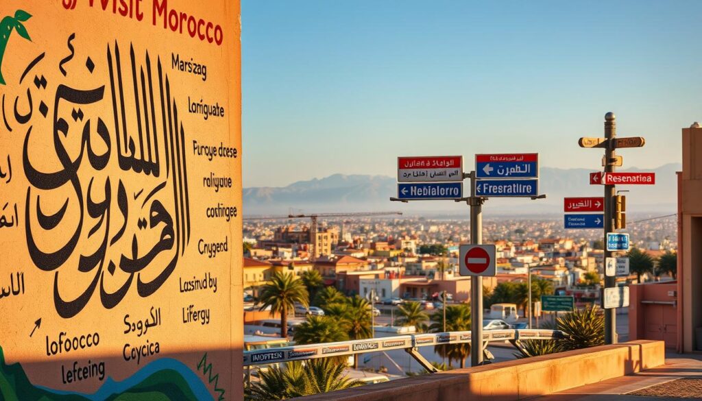 A vibrant mural depicting the diverse languages of Morocco. In the foreground, a stylized Arabic calligraphy script swirls across the wall, complemented by the cursive Tifinagh script of the Berber people. In the middle ground, street signs and billboards showcase the multilingual nature of Moroccan cities, with Arabic, French, and English prominently displayed. In the background, a panoramic view of the Atlas Mountains provides a scenic backdrop, hinting at the rich cultural tapestry of this North African nation. The scene is illuminated by warm, golden lighting, evocative of the country's iconic sunsets. MyVisitMorocco A vibrant mural depicting the diverse languages of Morocco. In the foreground, a stylized Arabic calligraphy script swirls across the wall, complemented by the cursive Tifinagh script of the Berber people. In the middle ground, street signs and billboards showcase the multilingual nature of Moroccan cities, with Arabic, French, and English prominently displayed. In the background, a panoramic view of the Atlas Mountains provides a scenic backdrop, hinting at the rich cultural tapestry of this North African nation. The scene is illuminated by warm, golden lighting, evocative of the country's iconic sunsets. MyVisitMorocco
