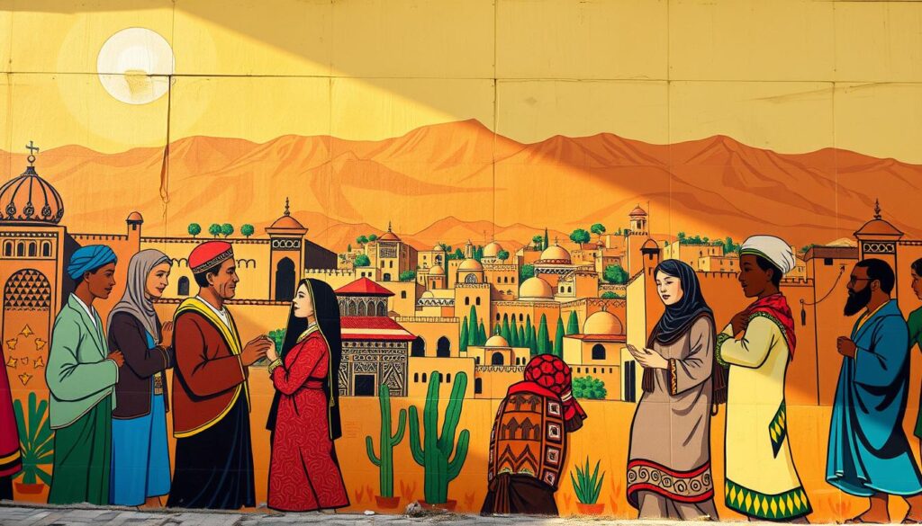 A vibrant mural depicting the diverse linguistic tapestry of Morocco, showcasing the regional dialects that span the country. In the foreground, stylized figures converse in lively gestures, their attire and facial features reflecting the distinct cultural influences. The middle ground features a collage of traditional Moroccan architectural elements, with intricate patterns and calligraphic motifs. In the background, a sweeping landscape unfolds, with the majestic Atlas Mountains as a backdrop, hinting at the geographical vastness that shapes the nation's linguistic diversity. The scene is illuminated by warm, golden lighting, evocative of the Moroccan sun, creating a sense of timeless authenticity. MyVisitMorocco. A vibrant mural depicting the diverse linguistic tapestry of Morocco, showcasing the regional dialects that span the country. In the foreground, stylized figures converse in lively gestures, their attire and facial features reflecting the distinct cultural influences. The middle ground features a collage of traditional Moroccan architectural elements, with intricate patterns and calligraphic motifs. In the background, a sweeping landscape unfolds, with the majestic Atlas Mountains as a backdrop, hinting at the geographical vastness that shapes the nation's linguistic diversity. The scene is illuminated by warm, golden lighting, evocative of the Moroccan sun, creating a sense of timeless authenticity. MyVisitMorocco.