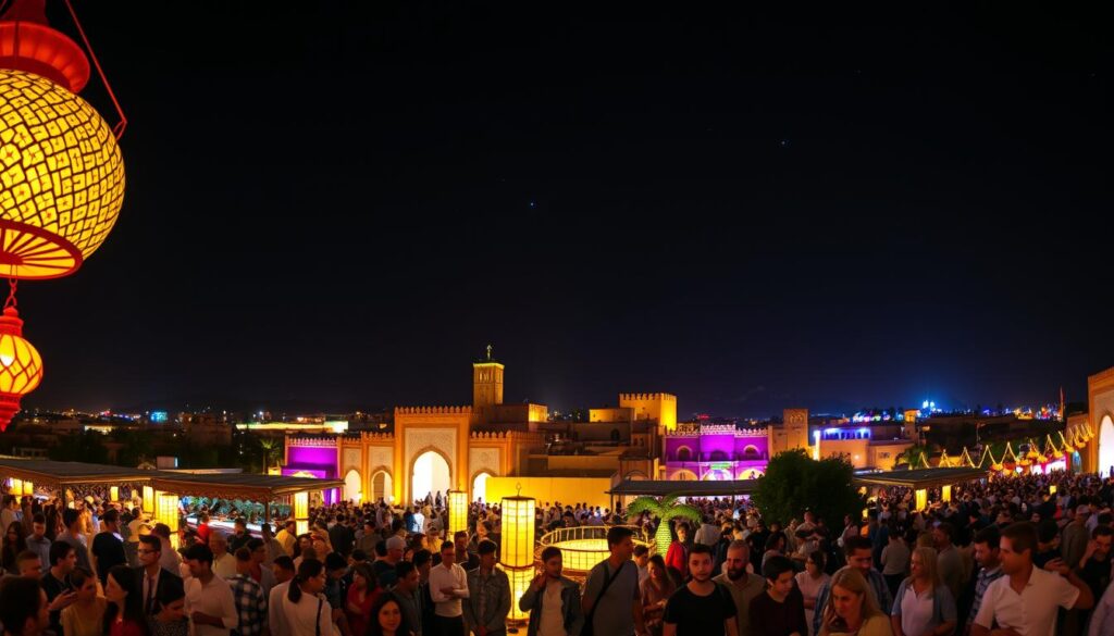 A vibrant nightscape of the Morocco Light Festival, showcasing the country's rich cultural heritage and its well-earned nickname, the "Kingdom of Light". In the foreground, intricate lanterns and luminous structures cast a warm, enchanting glow over a bustling crowd. The middle ground features traditional Moroccan architecture, with ornate archways and vibrant facades illuminated by the festival's lighting. In the background, the majestic Atlas Mountains stand tall, their silhouettes framed by a starry night sky. The scene is captured with a wide-angle lens, providing a panoramic view that immerses the viewer in the celebratory atmosphere. MyVisitMorocco