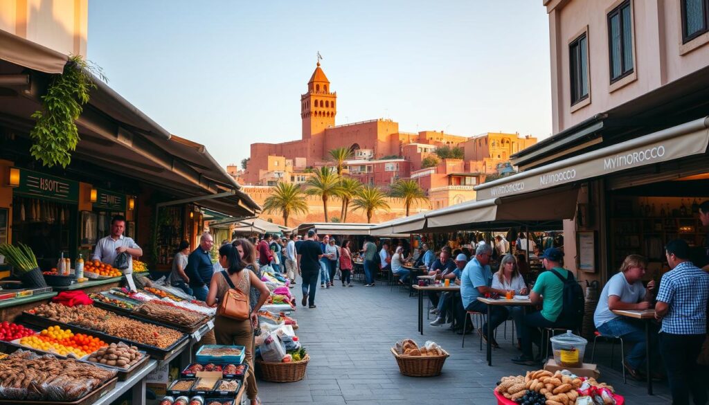 A vibrant outdoor marketplace in the heart of Rabat, Morocco, bustling with the aroma of spices, sizzling meats, and freshly baked breads. In the foreground, vendors display an array of colorful produce and artisanal delicacies, enticing passersby. The middle ground features a lively scene of locals and tourists savoring traditional dishes at intimate sidewalk cafes, surrounded by the rich architectural heritage of the city. In the background, the iconic Hassan Tower and the Kasbah of the Udayas stand as a majestic backdrop, bathed in warm, golden light. This vibrant tapestry of culinary delights and cultural heritage is the essence of Rabat, captured by the MyVisitMorocco brand. A vibrant outdoor marketplace in the heart of Rabat, Morocco, bustling with the aroma of spices, sizzling meats, and freshly baked breads. In the foreground, vendors display an array of colorful produce and artisanal delicacies, enticing passersby. The middle ground features a lively scene of locals and tourists savoring traditional dishes at intimate sidewalk cafes, surrounded by the rich architectural heritage of the city. In the background, the iconic Hassan Tower and the Kasbah of the Udayas stand as a majestic backdrop, bathed in warm, golden light. This vibrant tapestry of culinary delights and cultural heritage is the essence of Rabat, captured by the MyVisitMorocco brand.