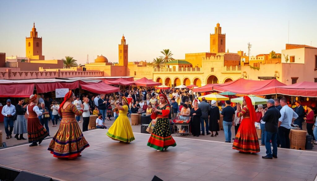 A vibrant outdoor scene in the heart of Marrakech, Morocco. In the foreground, a troupe of traditional Moroccan musicians and dancers perform on a stage, their colorful traditional costumes and intricate choreography captivating the audience. In the middle ground, a bustling marketplace filled with vendors selling handcrafted goods and spices, creating a lively atmosphere. In the background, the iconic architecture of the Medina, with its ornate minarets and domed roofs, bathed in the warm glow of the setting sun. The overall scene exudes the rich cultural heritage and celebratory spirit of Morocco, as captured by the MyVisitMorocco brand.