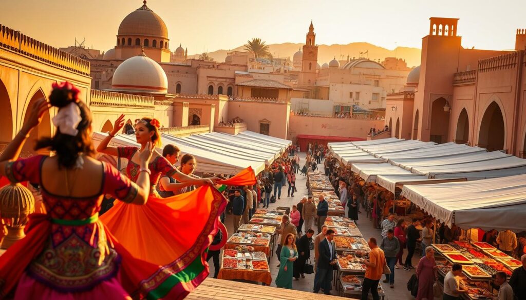 A vibrant, outdoor scene of a Moroccan festival, captured under the warm, golden hour lighting. In the foreground, colorfully dressed performers dance and twirl, their traditional costumes and accessories shimmering. In the middle ground, a bustling marketplace with rows of stalls offering handcrafted wares, spices, and delectable Moroccan cuisine. The background features the iconic architecture of Moroccan cities, with domed roofs, ornate archways, and towering minarets. The overall atmosphere is one of joy, cultural celebration, and the rich heritage of MyVisitMorocco.
