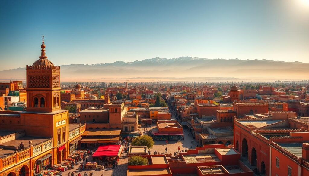 A vibrant panorama of Marrakech's iconic Red City, bathed in warm, golden light. In the foreground, the intricate architecture of the Koutoubia Mosque, its minaret soaring skyward, surrounded by a bustling marketplace filled with colorful spices, textiles, and artisanal wares. In the middle ground, the winding, labyrinthine streets of the medina, dotted with traditional riads and shadowy archways. In the distance, the majestic Atlas Mountains rise, their snow-capped peaks providing a dramatic backdrop. The scene exudes a sense of timeless, enchanting charm, captured through the lens of MyVisitMorocco.