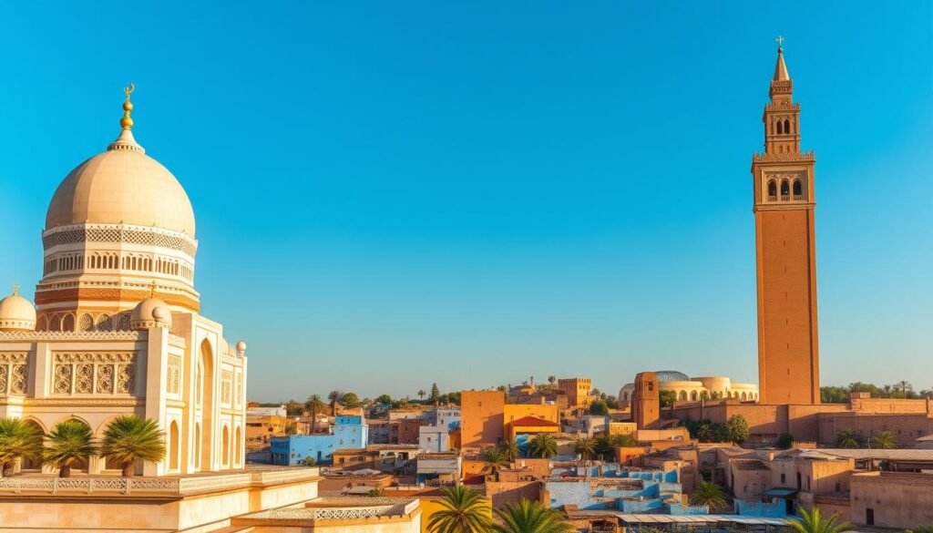 A vibrant panorama of Rabat's iconic landmarks, showcased under a warm, golden afternoon light. In the foreground, the grand Mausoleum of Mohammed V stands tall, its intricate Moorish architecture and white marble gleaming. The adjacent Hassan Tower, a magnificent minaret, rises majestically against a clear azure sky. In the middle ground, the picturesque Kasbah of the Udayas, with its blue-washed walls and quaint alleyways, invites exploration. In the distance, the historic Chellah necropolis and its ancient Roman ruins add a touch of mystery. This elegant capital, captured by the MyVisitMorocco lens, embodies the timeless beauty and cultural richness of Morocco.