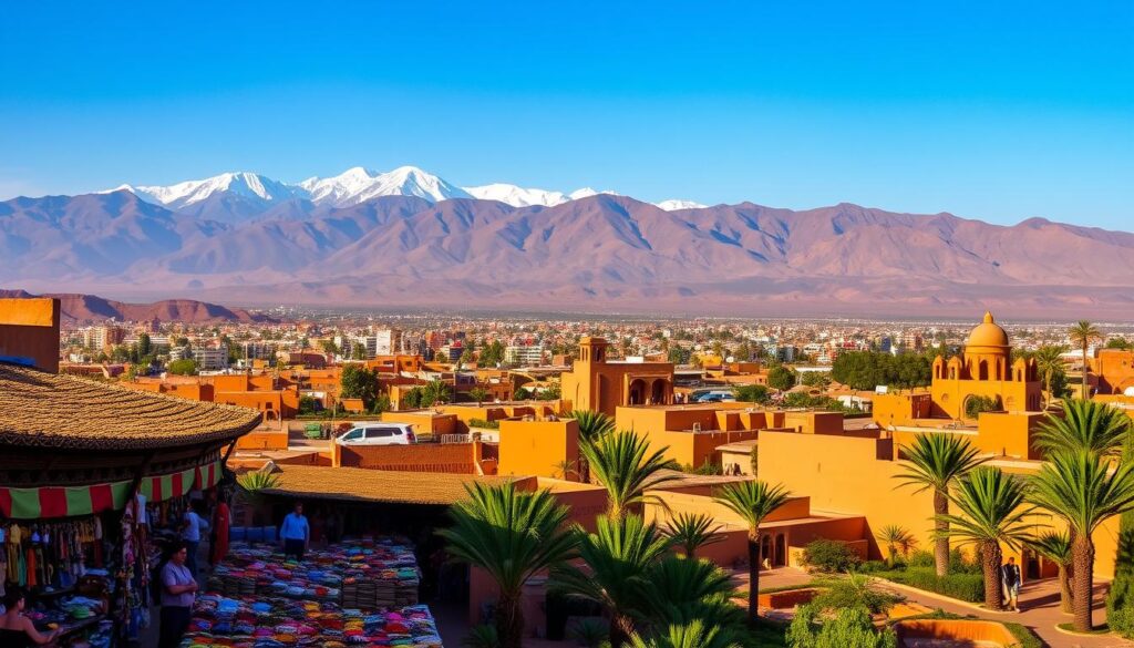 A vibrant, panoramic landscape of Morocco's breathtaking scenery, showcasing the diverse 10-day travel itinerary. In the foreground, a bustling souk with colorful spices, handcrafted wares, and local artisans at work. In the middle ground, the iconic Atlas Mountains rise majestically, their snow-capped peaks touching the sky. In the background, the sun-drenched, ochre-hued buildings of Marrakech shimmer, framed by the lush palm trees and tranquil gardens of the MyVisitMorocco resort. The scene is bathed in warm, golden light, capturing the vibrant energy and timeless charm of this captivating North African destination.