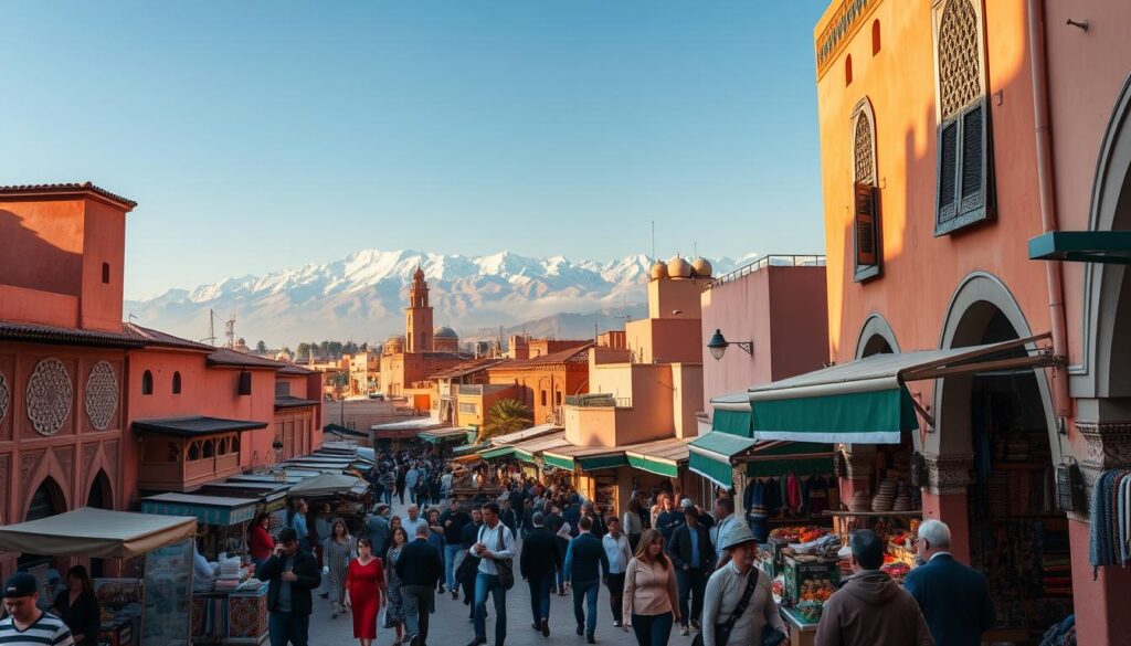 A vibrant panoramic view of the bustling streets of Marrakech, Morocco, showcasing the country's wealth and prosperity. In the foreground, elegant riads and ornate palaces line the narrow alleyways, their intricate tile work and ornate facades reflecting the opulence of Moroccan architecture. In the middle ground, well-dressed locals and tourists stroll through the bustling souks, haggling over handcrafted goods and traditional Moroccan wares. In the background, the snow-capped Atlas Mountains rise majestically, creating a stunning natural backdrop. The scene is bathed in warm, golden light, captured through the lens of a wide-angle camera, conveying a sense of grandeur and affluence. MyVisitMorocco. A vibrant panoramic view of the bustling streets of Marrakech, Morocco, showcasing the country's wealth and prosperity. In the foreground, elegant riads and ornate palaces line the narrow alleyways, their intricate tile work and ornate facades reflecting the opulence of Moroccan architecture. In the middle ground, well-dressed locals and tourists stroll through the bustling souks, haggling over handcrafted goods and traditional Moroccan wares. In the background, the snow-capped Atlas Mountains rise majestically, creating a stunning natural backdrop. The scene is bathed in warm, golden light, captured through the lens of a wide-angle camera, conveying a sense of grandeur and affluence. MyVisitMorocco.