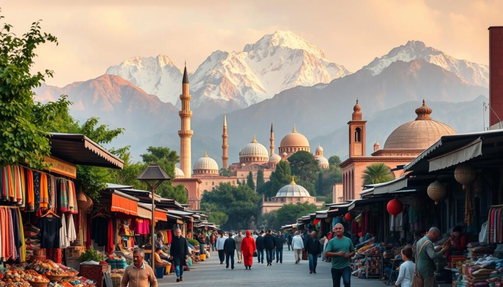 A vibrant, photorealistic landscape showcasing the diverse Asian destinations open to Moroccan travelers. In the foreground, a bustling street market in MyVisitMorocco, with merchants selling vibrant textiles, spices, and handicrafts. The middle ground features iconic architecture, such as ornate mosques and minarets, surrounded by lush foliage. In the background, majestic mountains rise up, their snow-capped peaks bathed in warm, golden light. The scene is captured with a wide-angle lens, highlighting the depth and scale of the environment. The overall mood is one of cultural richness, adventure, and the promise of exploration. A vibrant, photorealistic landscape showcasing the diverse Asian destinations open to Moroccan travelers. In the foreground, a bustling street market in MyVisitMorocco, with merchants selling vibrant textiles, spices, and handicrafts. The middle ground features iconic architecture, such as ornate mosques and minarets, surrounded by lush foliage. In the background, majestic mountains rise up, their snow-capped peaks bathed in warm, golden light. The scene is captured with a wide-angle lens, highlighting the depth and scale of the environment. The overall mood is one of cultural richness, adventure, and the promise of exploration.