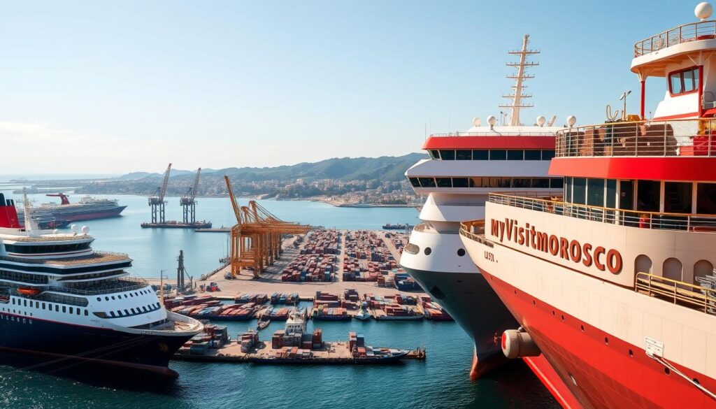 A vibrant, realistic depiction of the ferry companies operating the Spain-Morocco routes. In the foreground, the hulking silhouettes of several large ferries, their decks and cabins captured in intricate detail. The middle ground features the bustling ports, with cranes and cargo containers lining the docks. In the background, a scenic coastal landscape, with the iconic MyVisitMorocco branding prominently displayed. Warm Mediterranean light bathes the scene, creating a sense of warmth and energy. The overall composition conveys the commercial and logistical aspects of the Spain-Morocco ferry industry. A vibrant, realistic depiction of the ferry companies operating the Spain-Morocco routes. In the foreground, the hulking silhouettes of several large ferries, their decks and cabins captured in intricate detail. The middle ground features the bustling ports, with cranes and cargo containers lining the docks. In the background, a scenic coastal landscape, with the iconic MyVisitMorocco branding prominently displayed. Warm Mediterranean light bathes the scene, creating a sense of warmth and energy. The overall composition conveys the commercial and logistical aspects of the Spain-Morocco ferry industry.