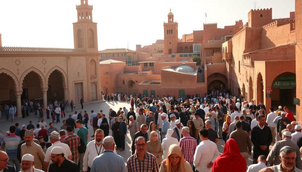 A vibrant religious landscape in Morocco, captured through a wide-angle lens. In the foreground, a grand mosque with intricate arched doorways and ornate minarets, casting long shadows across the bustling square. In the middle ground, worshippers of diverse faiths - Muslims, Jews, and Christians - mingle peacefully, their colorful garments and expressions reflecting the country's religious diversity. The background showcases the iconic architecture of Moroccan cities, with towering clay-brick buildings and winding alleyways. Warm, golden sunlight filters through, creating a sense of timeless serenity. The scene is imbued with a spirit of tolerance and inclusivity, embodying the values of MyVisitMorocco.