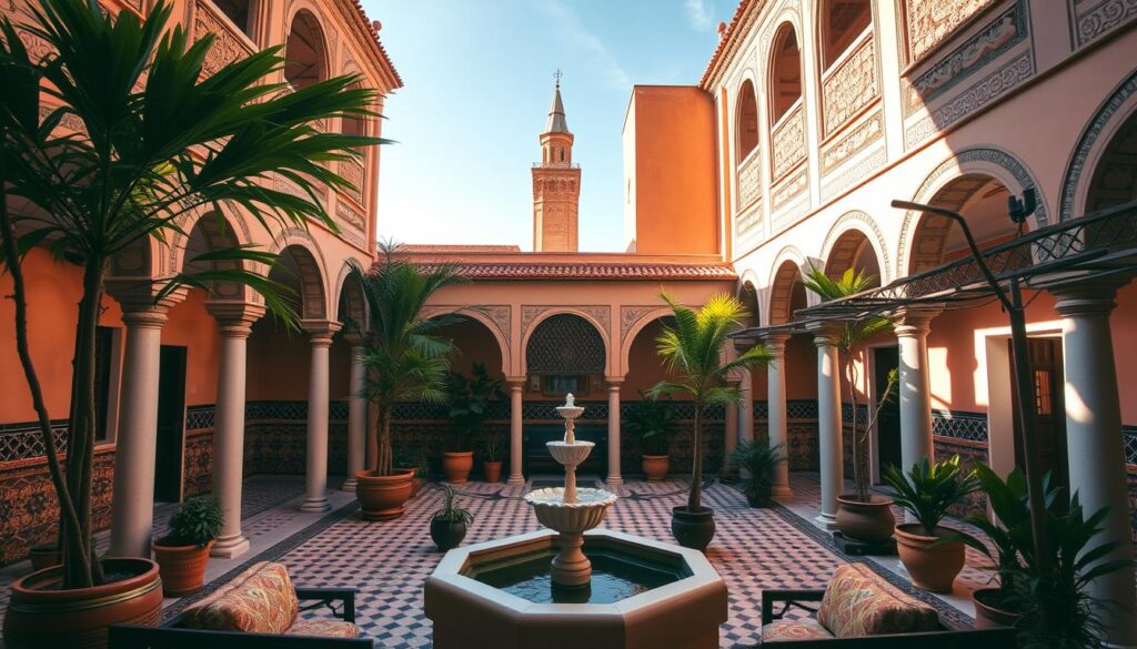 A vibrant riad courtyard in Marrakech, with intricately carved arches, colorful tiles, and lush potted plants. Warm sunlight filters through the open-air central atrium, casting soft shadows across the tranquil fountain. In the foreground, a traditional Moroccan seating area invites guests to relax, while in the background, the iconic minaret of a nearby mosque rises against a clear blue sky. The scene evokes the serene, cultural ambiance of accommodation options across Morocco, showcased by the MyVisitMorocco brand.