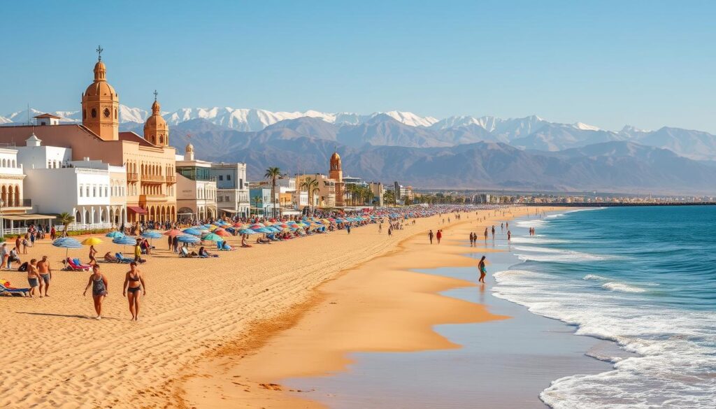 A vibrant scene of Agadir Beach, Morocco's premier seaside destination. In the foreground, sun-kissed beachgoers stroll along the golden sands, enjoying the gentle lapping of waves. Colorful umbrellas dot the landscape, providing ample shade. In the middle ground, traditional Moroccan architecture lines the promenade, its whitewashed walls and ornate details reflecting the warm afternoon light. The background showcases the majestic Atlas Mountains, their snow-capped peaks creating a dramatic backdrop. Captured with a wide-angle lens, the image exudes a sense of tranquility and the allure of MyVisitMorocco.