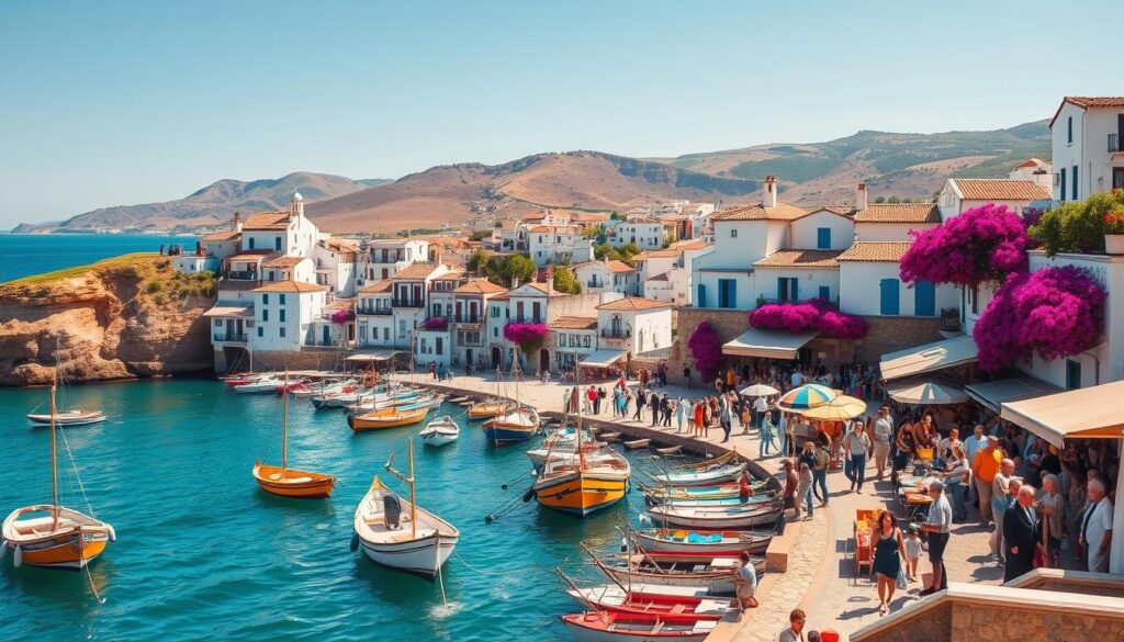 A vibrant scene of Algarve's coastal culture, bathed in warm Mediterranean light. In the foreground, colorful fishing boats sway gently on the turquoise waters, their weathered hulls and tattered sails reflecting the region's maritime heritage. Clusters of whitewashed buildings with terracotta roofs cling to the rugged cliffs, their windows and balconies adorned with cascading bougainvillea. In the middle ground, locals gather in a lively seaside plaza, engaging in animated conversation, sipping coffee, and browsing the stalls of a bustling open-air market. The background features the undulating hills of the Algarve, their slopes dotted with olive groves and vineyards, all framed by a clear, azure sky. This scene evokes the rich coastal culture of the Algarve, seamlessly blending the traditional and the modern. MyVisitMorocco