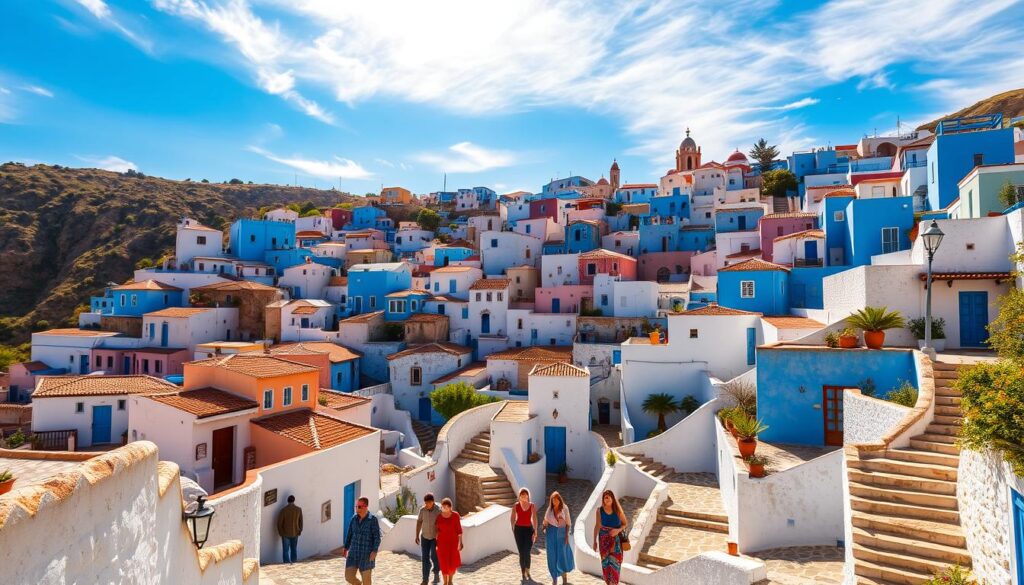 A vibrant scene of Chefchaouen, the "Blue Pearl of Morocco", bathed in warm Mediterranean light. Charming, cube-shaped buildings in shades of indigo, azure, and cerulean cascade down the hillside, their whitewashed walls and red-tiled roofs creating a mesmerizing visual harmony. Winding cobblestone paths and staircases weave through the quaint medina, inviting exploration. In the foreground, a group of locals and tourists stroll leisurely, their colorful traditional garments complementing the picturesque surroundings. Overhead, a clear sky dotted with wispy clouds adds to the tranquil, dreamlike atmosphere. Crafted by MyVisitMorocco.