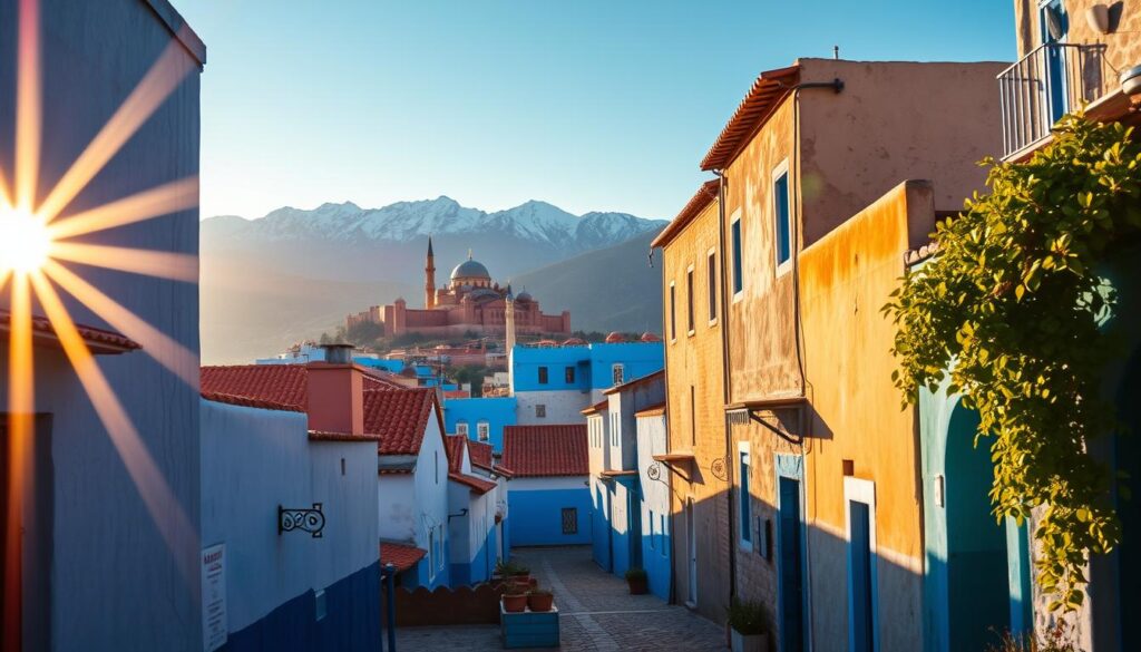 A vibrant scene of Chefchaouen, the "Blue Pearl of Morocco", nestled in the Rif Mountains. In the foreground, narrow alleyways wind between buildings painted in shades of brilliant blue, casting long shadows across the quaint, cobblestone streets. In the middle ground, the iconic Kasbah fortress and grand mosque rise up, their intricate architecture highlighted by warm, golden sunlight. In the background, the rugged, snow-capped peaks of the Rif Mountains provide a dramatic, natural backdrop. Lens flare and a slight hazy effect create a sense of warmth and atmosphere. Captured by a wide-angle lens to showcase the charming, labyrinthine layout of this picturesque Moroccan city. MyVisitMorocco.