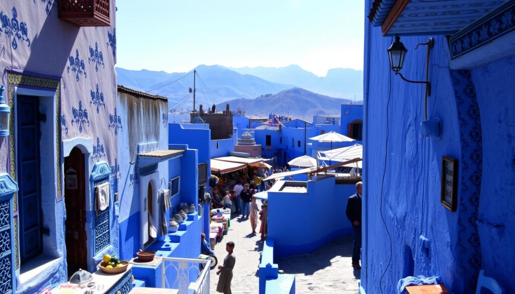 A vibrant scene of Chefchaouen, the "Blue Pearl" of Morocco. In the foreground, narrow alleyways wind through a labyrinth of indigo-hued buildings, their walls bathed in soft, natural light. Intricate patterns and ornate doorways invite exploration. In the middle ground, a bustling marketplace comes to life, with local artisans and vendors offering handcrafted wares. The background showcases the striking, mountainous landscape that surrounds this enchanting town, its peaks shrouded in a hazy blue mist. The overall atmosphere evokes a sense of tranquility and timelessness. MyVisitMorocco A vibrant scene of Chefchaouen, the "Blue Pearl" of Morocco. In the foreground, narrow alleyways wind through a labyrinth of indigo-hued buildings, their walls bathed in soft, natural light. Intricate patterns and ornate doorways invite exploration. In the middle ground, a bustling marketplace comes to life, with local artisans and vendors offering handcrafted wares. The background showcases the striking, mountainous landscape that surrounds this enchanting town, its peaks shrouded in a hazy blue mist. The overall atmosphere evokes a sense of tranquility and timelessness. MyVisitMorocco